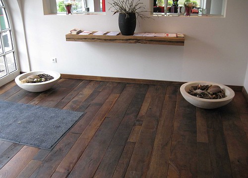 Flooring, oak, made from reclaimed attic boards.